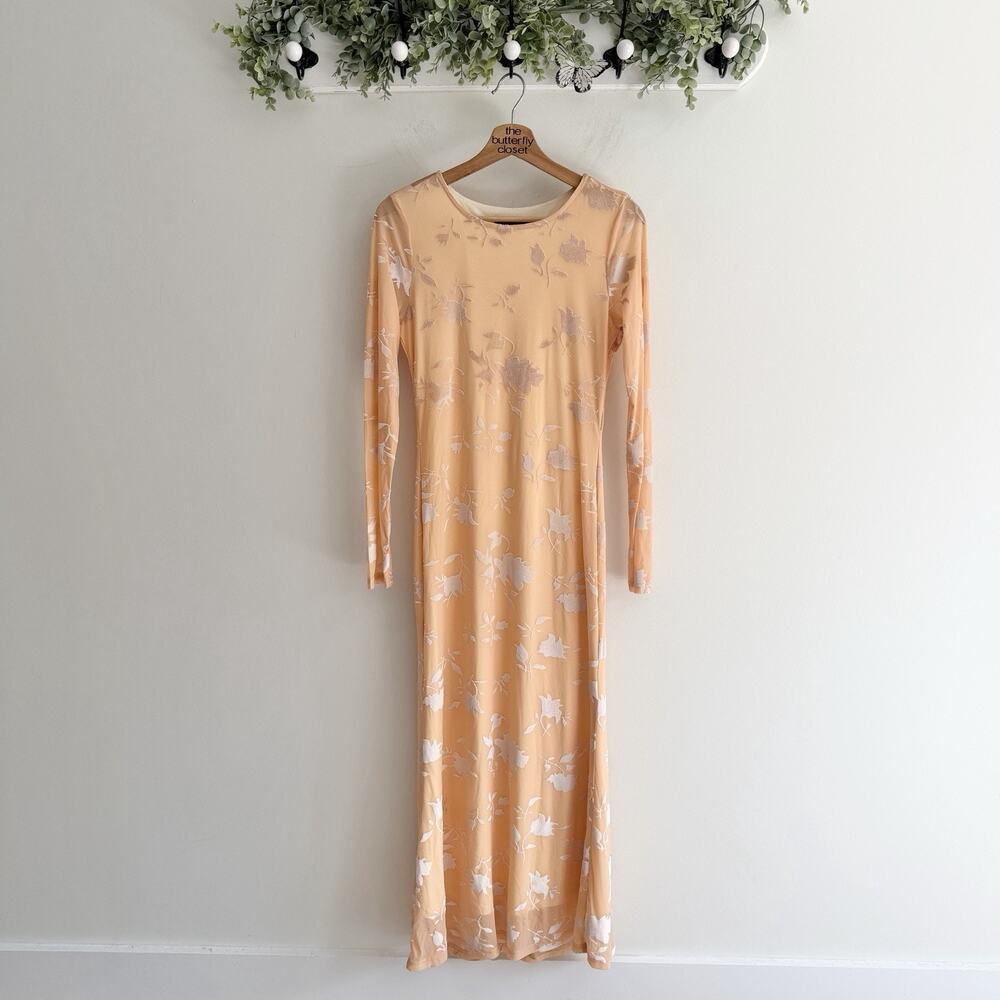 MEROKEETY apricot Velvet Burnout Midi Dress Bodycon Medium Wedding Guest TS